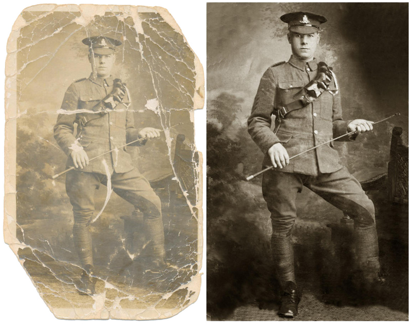 Tattered portrait photograph of soldier rescued